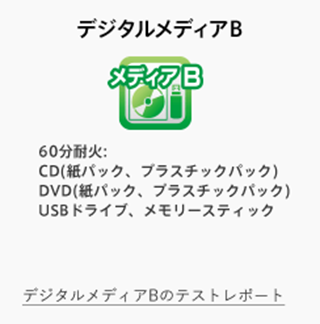デジタルメディアB : 60分耐火:CD(紙パック、プラスチックパック),DVD(紙パック、プラスチックパック),USBドライブ、メモリースティック